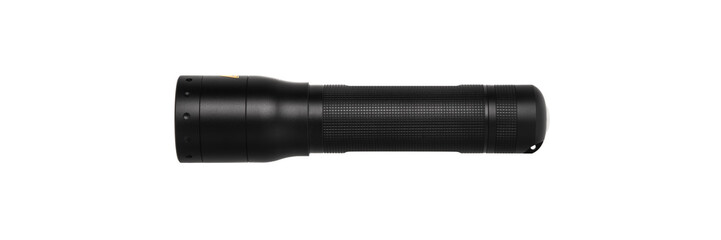modern black metal flashlight isolated on white