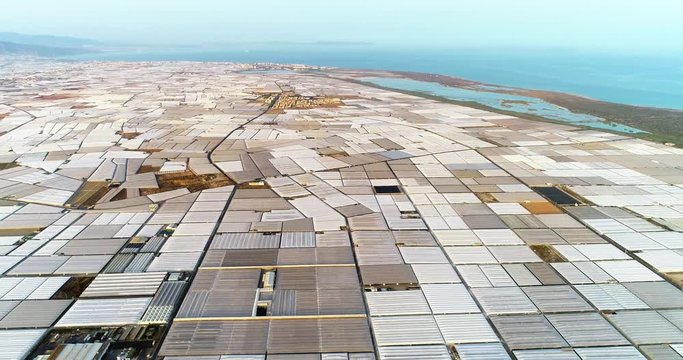 Aerial view over greenhouses, hothouses, a sea of plastic in Spain, with the sea in the background. This is intensive production, an environmental issue filmer with a drone - Agriculture and environme