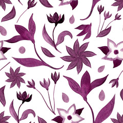 Watercolor abstract flowers seamless pattern. Hand drawn purple plants, leaves and petals, herbs illustration isolated on white background for design, print, decoration