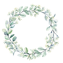 Fototapeta na wymiar Wreath with eucalyptus, watercolor leaves. Hand painting botanical floral frame. Leaf illustration isolated on white background. 