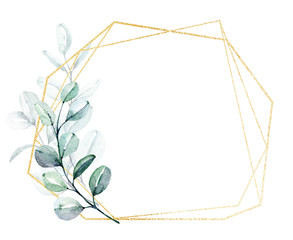 Geometric gold frame with eucalyptus, watercolor leaves. Hand painting botanical illustration. Leaf isolated on white background. 