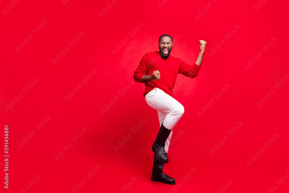 Wall mural Full length body size view of his he nice attractive cheerful cheery content overjoyed satisfied bearded guy having fun rejoicing isolated over bright vivid shine red background