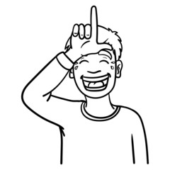 sarcastic laughing boy holding his hand to his forehead and pointing an L loser, mobbing, laugh, comic, monochrome, avatar.