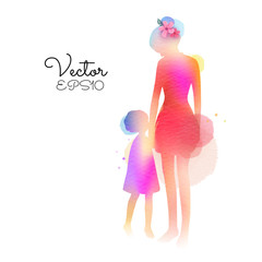 Happy mother's day. Side view of Happy mom with girl together silhouette plus abstract watercolor painted.Double exposure illustration. Digital art painting. Vector illustration.