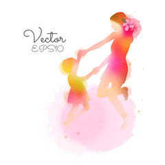 Happy mother's day. Side view of Happy mom with girl dancing together  silhouette plus abstract watercolor painted.Double exposure illustration. Digital art painting. Vector illustration.