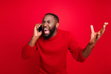 Close-up portrait of his he nice attractive annoyed irritated outraged bearded guy chatting having...