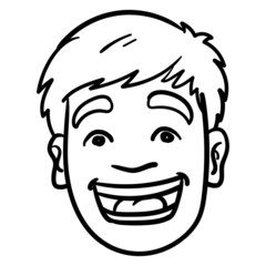 questioning face of a laughing young man with short hair. open mouth, teeth, outline, vector, illustration, cheerful, emtotion.