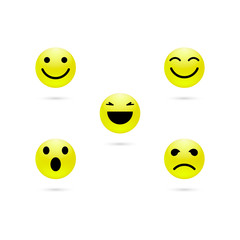 Set of smiley face icons or yellow emoticons with different facial expressions in glossy 3D realistic isolated in white background. Vector illustration