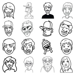 monochrome set of 16 avatar heads of different people. business woman, hipster, boy, imegrant, worker, macho, youthful, grandma, grandpa, woman, man.