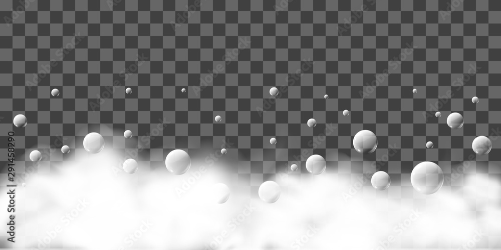 Poster bath foam with shampoo bubbles on transparent background, vector overlay texture.