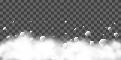 Bath foam with shampoo bubbles on transparent background, Vector overlay texture.