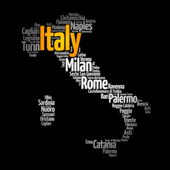 Fototapeta na wymiar List of cities in Italy, map silhouette word cloud, travel concept background