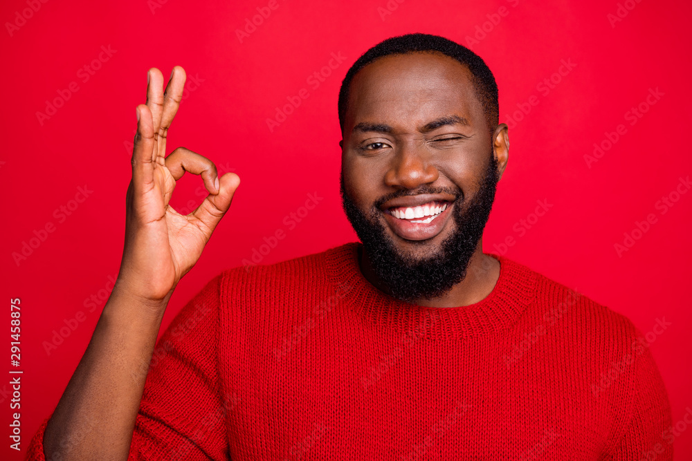 Wall mural Close-up portrait of his he nice attractive cheerful cheery content positive glad flirty bearded guy showing ok-sign ad advert solution isolated over bright vivid shine red background