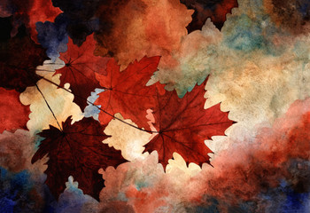 autumn leaves on a multicolored background painted in watercolor