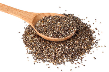 Chia seeds in wooden spoon isolated on white background.