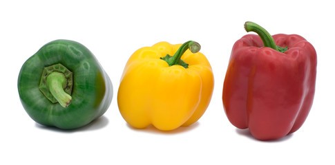 Fresh vegetables Three sweet Red, Yellow, Green Peppers isolated on white background.