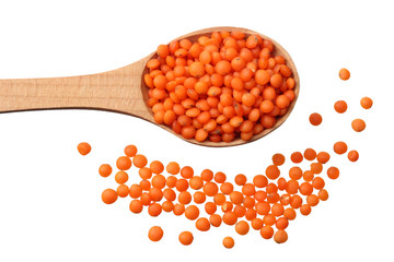 red lentils in wooden spoon isolated on white background. Top view.
