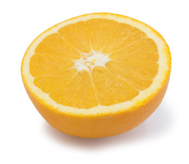 Top view of textured ripe slice of orange citrus fruit isolated on white background. 