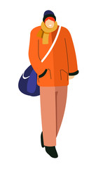 Guy in winter clothes with bag, man walking in knitted hat