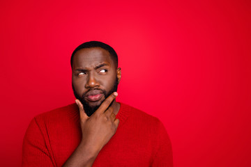Close-up portrait of his he nice attractive bearded guy boyfriend creating interesting novelty plan guessing clue decision isolated over bright vivid shine red background - obrazy, fototapety, plakaty