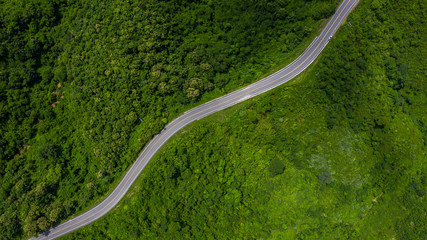 Aerial view of road on green forest mountain, Aerial view of forest road.