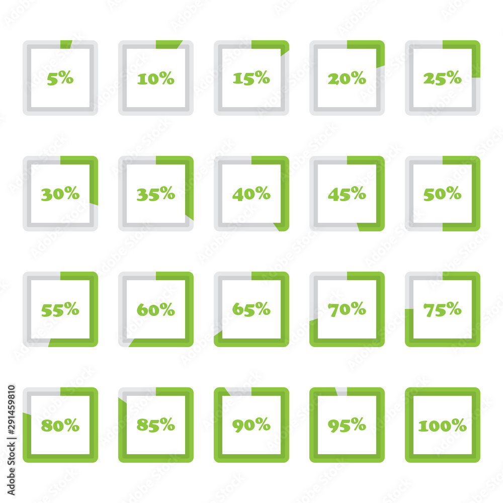Aufkleber set of square percentage diagrams from 5 to 100 for infographics on a white background