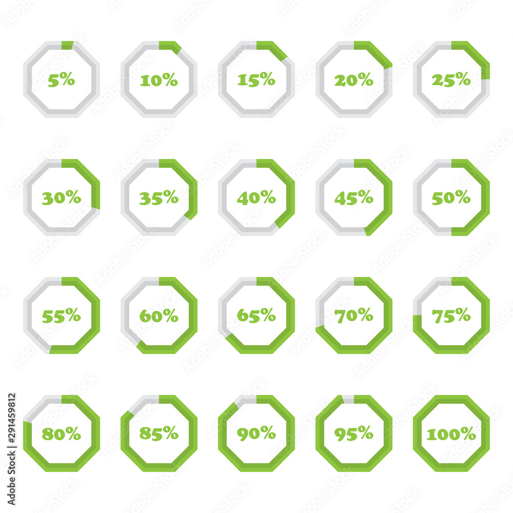 Aufkleber set of octagon percentage diagrams from 5 to 100 for infographics on a white background
