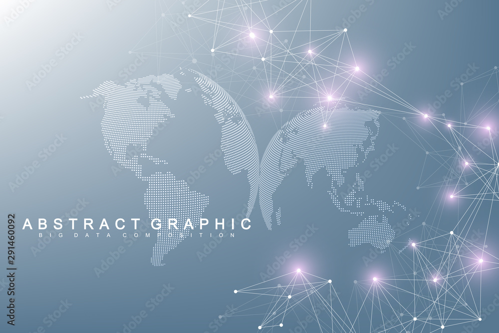Poster Big data visualization. Geometric abstract background visual information complexity. Futuristic infographics design. Technology background with connected line and dots, wave flow. Vector illustration