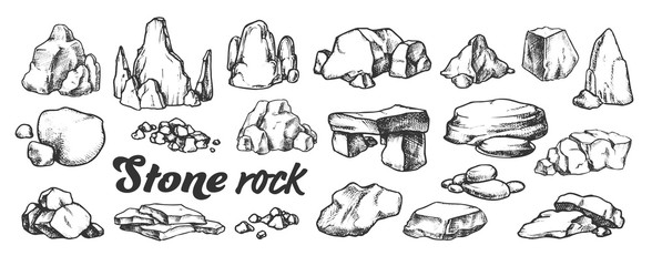 Stone Rock Gravel Collection Monochrome Set Vector. Different Stone, Gravel And Pebble. Natural Rocky Slate Lump Engraving Template Hand Drawn In Retro Style Black And White Illustrations - obrazy, fototapety, plakaty