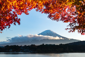Fototapeta premium Beautiful lighting of Mt.Fuji in autumn at Lake kawaguchiko in japan with foreground of maple tree with red leaves.
