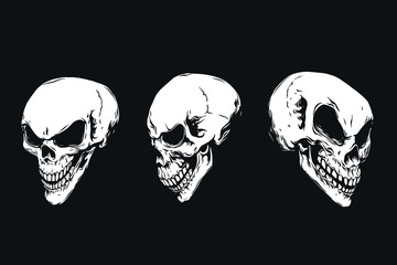 Hand drawn human skulls from different angles. Monochrome vector illustration.	