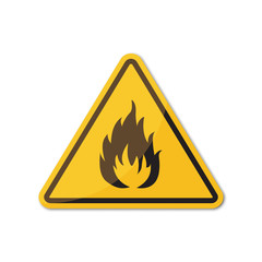 Flammable hazard yellow sign with shadow on a white background