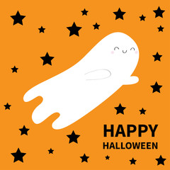 Happy Halloween. Flying ghost spirit. Black star silhouette. Boo. Scary white ghosts. Cute cartoon spooky character. Smiling face hands. Orange background Greeting card Flat design