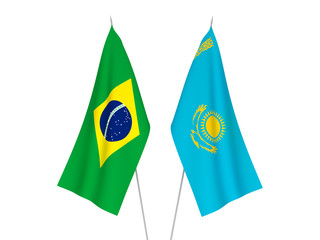 National fabric flags of Kazakhstan and Brazil isolated on white background. 3d rendering illustration.