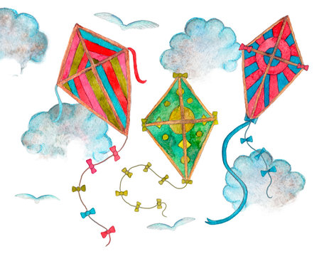 Three watercolor cartoon multicolored kites flying across the sky among clouds and birds