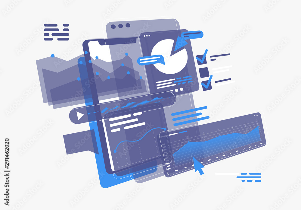 Poster vector illustration of a smartphone displaying web pages, with graphs and diagrams, analysis technol