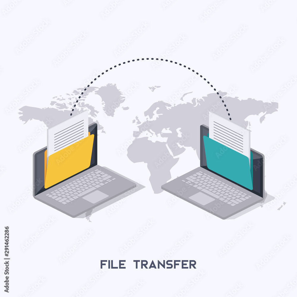 Poster transfer files. laptops with folders on screen and transferred documents. isometrics.
