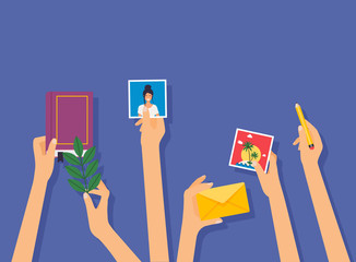 Obraz na płótnie Canvas Hands holding different social media objects. Social media marketing concept.