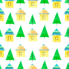 house and tree watercolor hand painted seamless pattern.