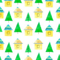 Acrylic prints Mountains house and tree watercolor hand painted seamless pattern.