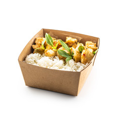 Japanese asian meal in a box of recycled paper isolated on white background.