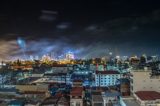 Aerial night shot of Phnom Penh and the new constructions of Diamond Island, Cambodia