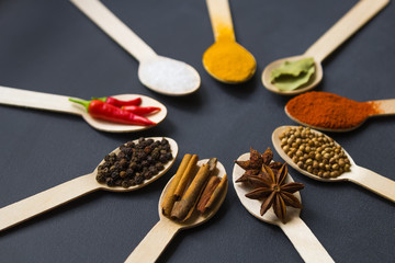 circular composition of assorted spices in wooden spoons on a dark background. cinnamon and star anise in the front. close up