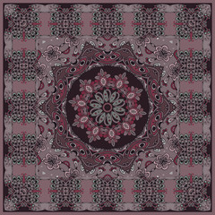 Ethnic bandana print, square rug or tablecloth with ornamental frame and mandala flower in oriental style.