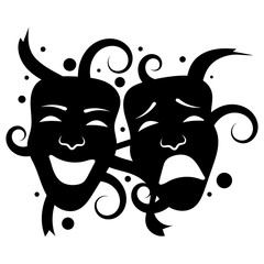 Theatre Masks. Drama and comedy. Illustration for the theater. Tragedy and comedy mask. Black white illustration. Tattoo.