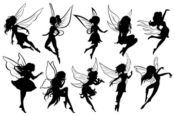 Set of fairies. Collection of girls fairy silhouettes. Black white vector illustration for children. Magic girls with wings. Tattoo.