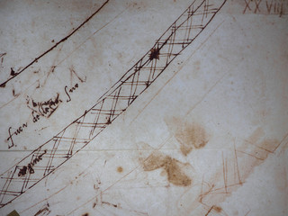 Magical occult symbols and stains on old paper. Brownish worn paper, hand drawn symbols.