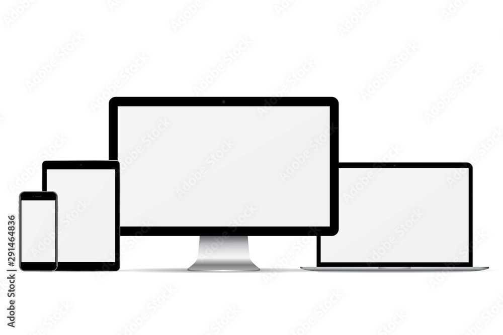 Leinwandbilder Set of computer monitor, laptop, smartphone and tablet with empty screen on a white background