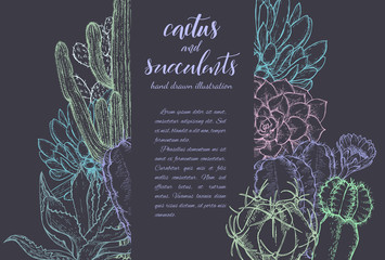 Floral background. Hand drawn vector botanical illustration. Template greeting card, wedding invitation banner with spring flowers. Sketch linear cactus ans succulents . Engraved style illustration.