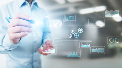 Big data analysis, business intelligence, technology solutions concept on virtual screen.